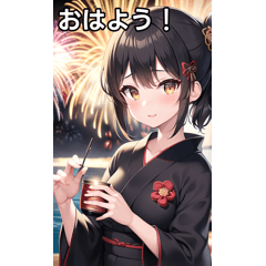 黒浴衣女子は花火を見る