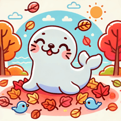 Cute Seal Enjoying Autumn Leaves