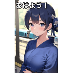 A girl in a blue yukata rides a train