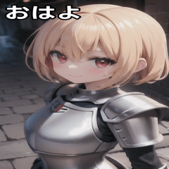 Blonde, short hair, smiling lady knight.