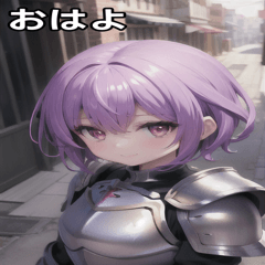 Purple-haired, short,smiling lady knight