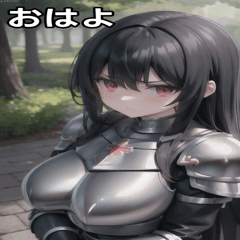 Angry female knight, long black hair.