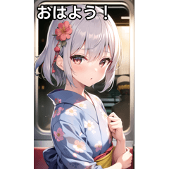 Silver-haired yukata girls go by train