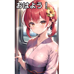 Red-haired yukata girls go by train