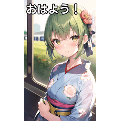 Green-haired yukata girls go by train