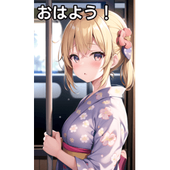 Blonde yukata girl goes by train