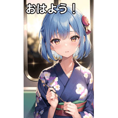 Blue-haired yukata girls go by train