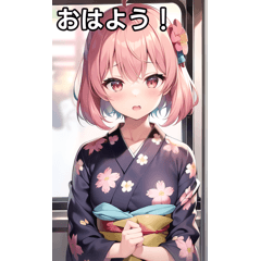 Pink-haired yukata girls go by train