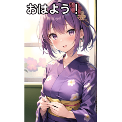 Purple-haired yukata girls go by train