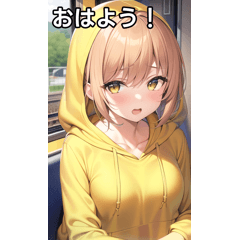 Girls in yellow hoodies go by train