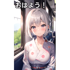 A girl in a silver yukata rides a train