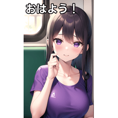 Purple T-shirt girl and train