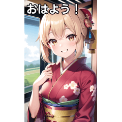 Laughing face kimono girl and train