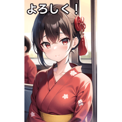 Girls in red yukata like trains