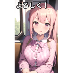 Peach gingham girl rides a train