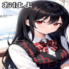 Snow with black hair check vest girl