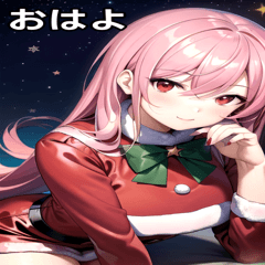 Pink-haired Santa girl and night sky