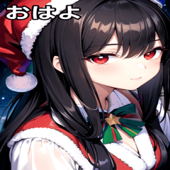 Dark-haired Santa girl and night sky