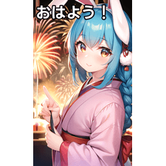 Rabbit girl enjoying autumn fireworks