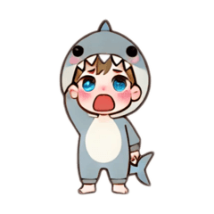 A boy in a stuffed animal suit [Shark]