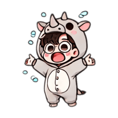 A boy in a stuffed animal [Rhinoceros]