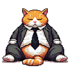 Pixel art working fat orange tabby cat