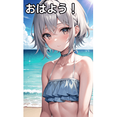 Summer beach and short silver hair girl