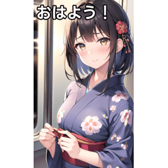 Girls in floral yukata love trains