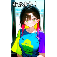 Colorful T-shirt girls ride the train