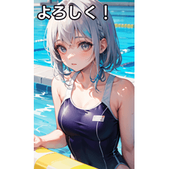 Silver-haired girl in colorful swimsuit