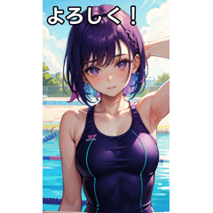 Purple-haired girl in colorful swimsuit