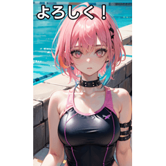 Pink-haired girl in a colorful swimsuit