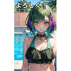 Green-haired girl in a colorful swimsuit