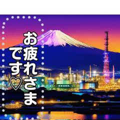 Night view of Mt. Fuji and factories