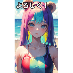 Bear girl in colorful swimsuit