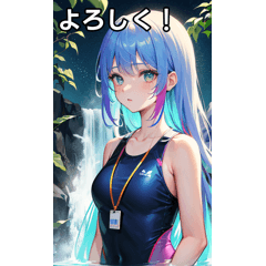 Colorful swimsuit girl at the waterfall