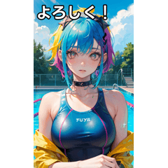 Blue-haired girl in a colorful swimsuit