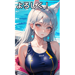 Silver-haired wolf girl wears a swimsuit