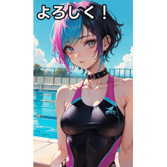 Short hair girl in colorful swimsuit