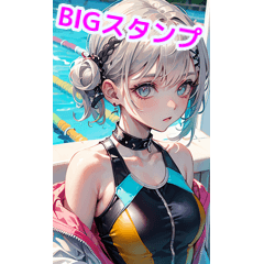 Silver-haired swimsuit girl summer pool