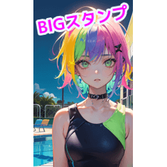 Neon punk swimsuit girl in summer pool