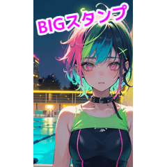 Rock punk girl shining in the night pool