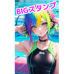 Neon punk swimsuit girl playing in pool