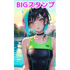 Short hair swimsuit girl enjoys the pool