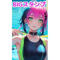 Short hair swimsuit girl by the pool