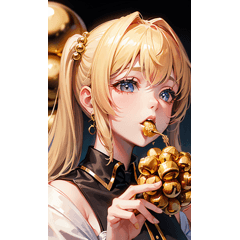 Girl eating a large amount of gold balls