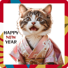 Realistic kimono cat New Year's card