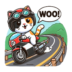 Cat rides heavy motorcycle.