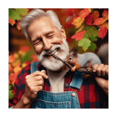 Old man eating wood Autumn leaves.