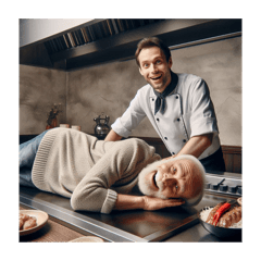 An old man lying down at a teppanyaki